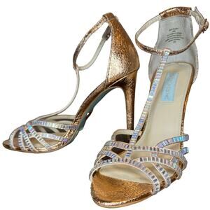 Betsey Johnson Ruby Metallic Rose Gold Rhinestone Strappy Heels Size 8